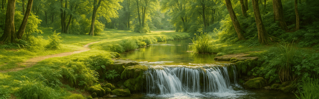 Clairière paisible avec cascade et lumière naturelle, inspirée du Feng Shui