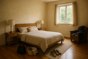 Chambre Feng Shui défraîchie avec murs jaunis, tapis usé, sac à main, corbeille de linge et chaussures au sol, ambiance négligée