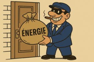 Caricature BD d’un démarcheur souriant en costume bleu qui apporte un sac marqué ÉNERGIE devant une maison.