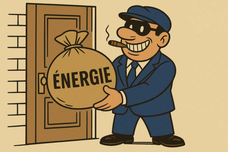 Caricature BD d’un démarcheur souriant en costume bleu qui apporte un sac marqué ÉNERGIE devant une maison.