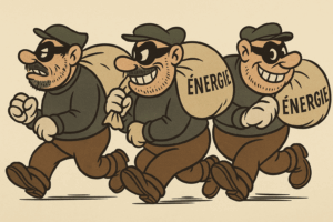 Illustration humoristique de voleurs masqués portant un sac marqué “ÉNERGIE”, style cartoon vintage