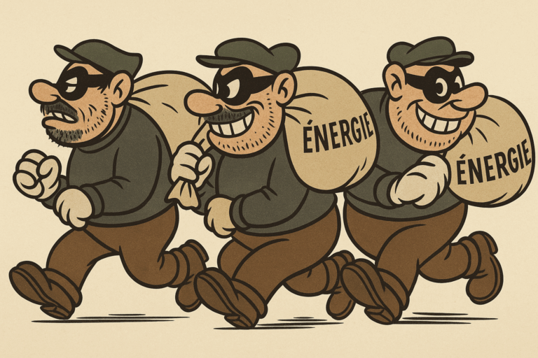 Illustration humoristique de voleurs masqués portant un sac marqué “ÉNERGIE”, style cartoon vintage