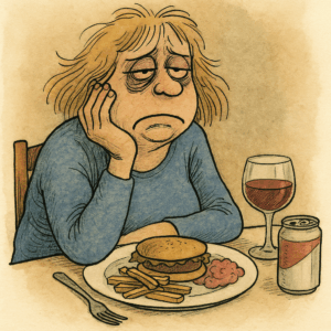 Dessin humoristique façon BD d’une femme épuisée à table, entourée de fast-food et d’alcool