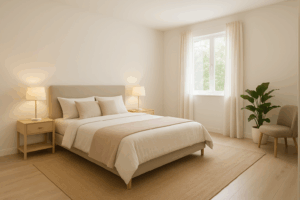 Chambre Feng Shui rénovée avec murs clairs, lit harmonieux, tapis neuf, ambiance lumineuse et apaisante, décor épuré
