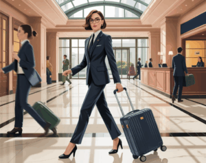 Illustration BD moderne d’une femme pressée tirant sa valise cabine, personnage fictif “Marie Sophie”, exemple de stress en Feng Shui.