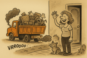 Caricature BD d’une femme souriante devant sa maison qui fait au revoir à un camion-benne rempli de vieilles affaires symbolisant l’énergie négative.
