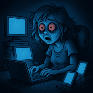 Dessin BD d’une femme avachie et hypnotisée par la lumière bleue de plusieurs écrans