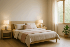 Chambre Feng Shui moderne avec lit double, couleurs beige et rose poudré, lampes de chevet identiques et ambiance zen