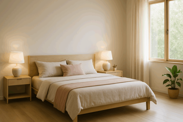 Chambre Feng Shui moderne avec lit double, couleurs beige et rose poudré, lampes de chevet identiques et ambiance zen