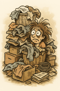 Caricature BD d’un homme enseveli sous des piles de vêtements et de cartons, expression paniquée