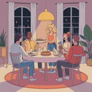 llustration BD moderne représentant Élodie debout, souriante, apportant un plat chaud à une table ronde entourée de convives fictifs qui rient et discutent.